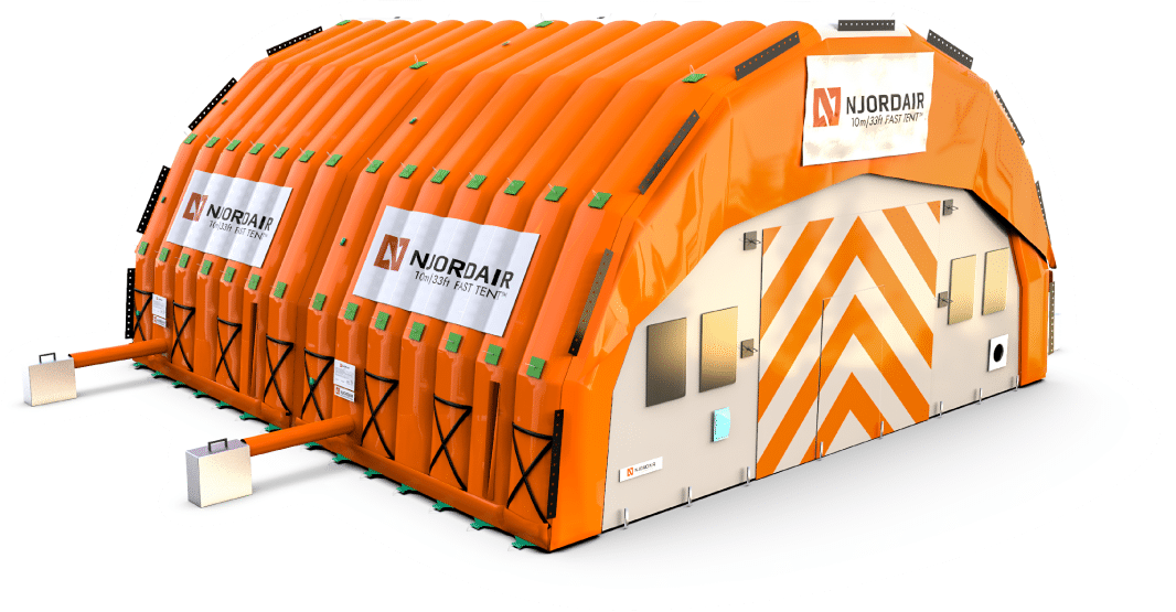 Two orange Fast Tents inflated & connected together