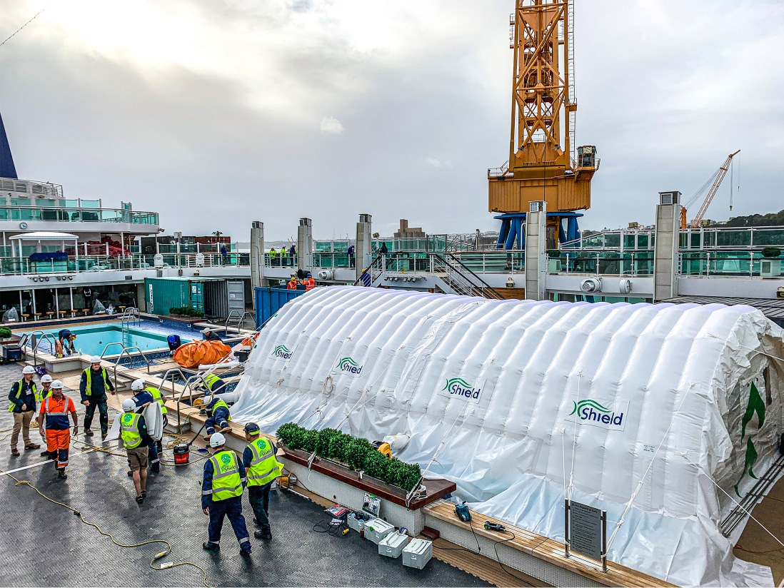 Fast Tent modules erected on the deck of a cruise ship