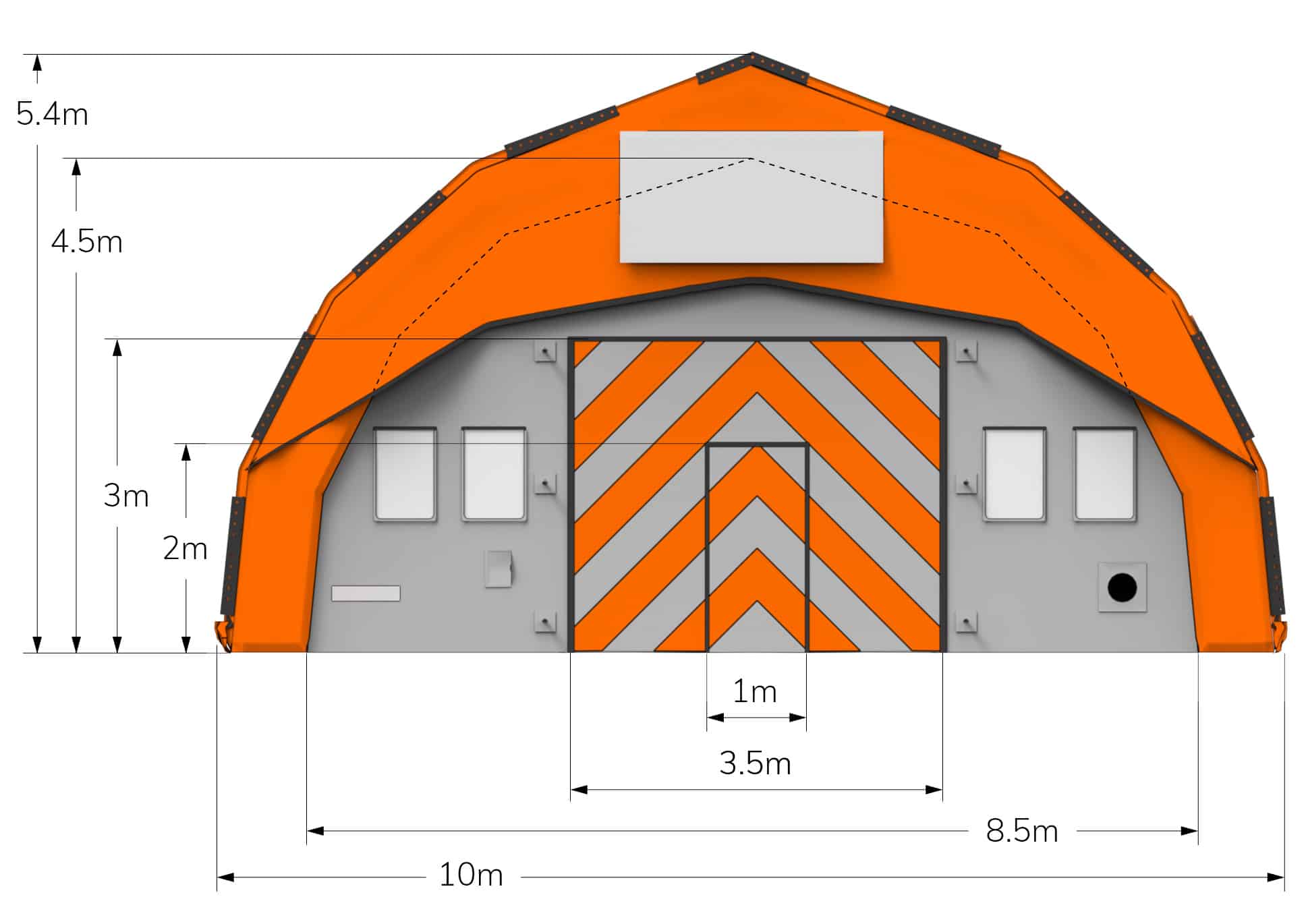 End view of an orange CA-10 Fast Tent with dimensions in metres
