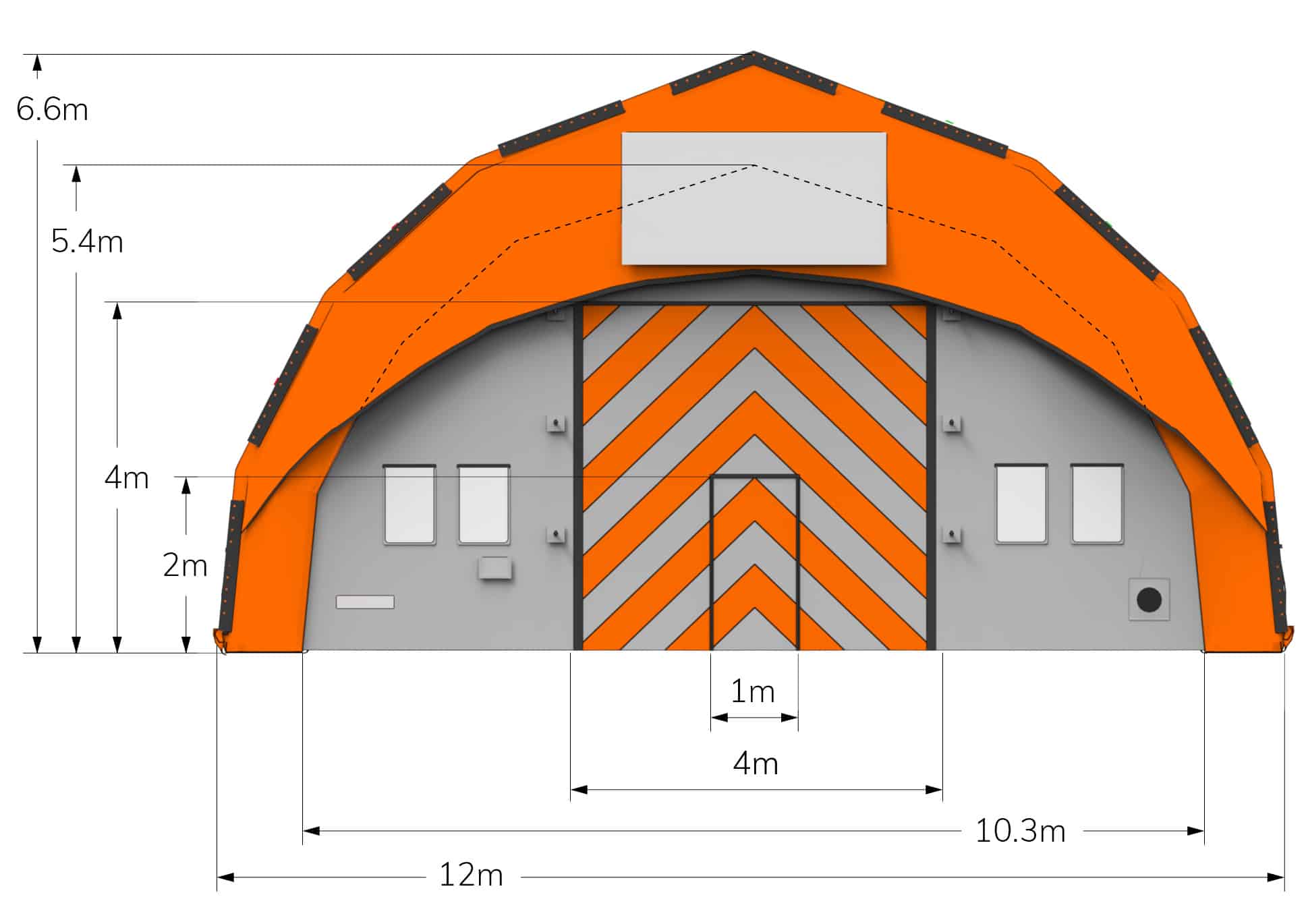 End on view of CA-12 Fast tent with dimensions in metres