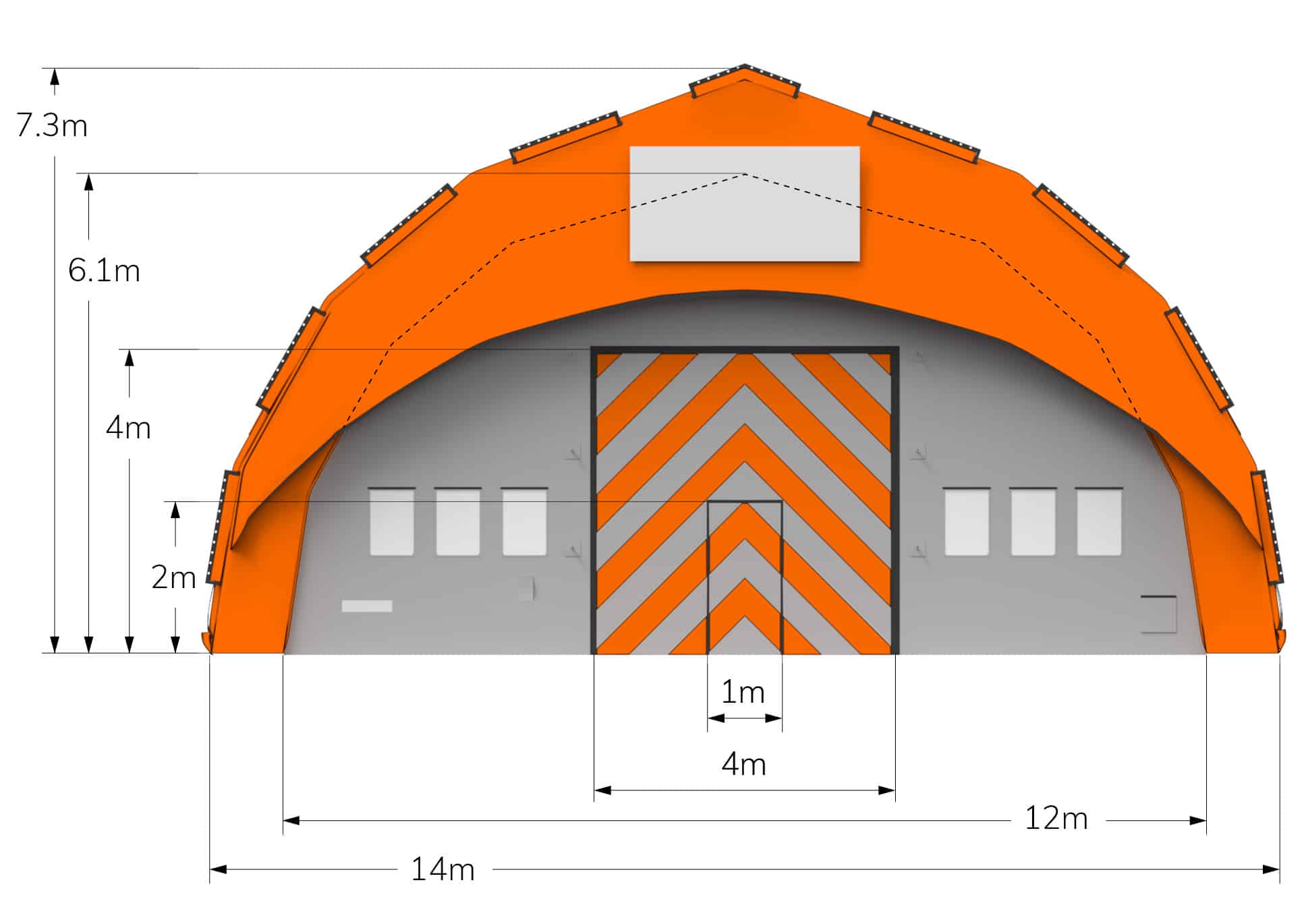 End view of CA-14 Fast Tent showing dimensions in metres