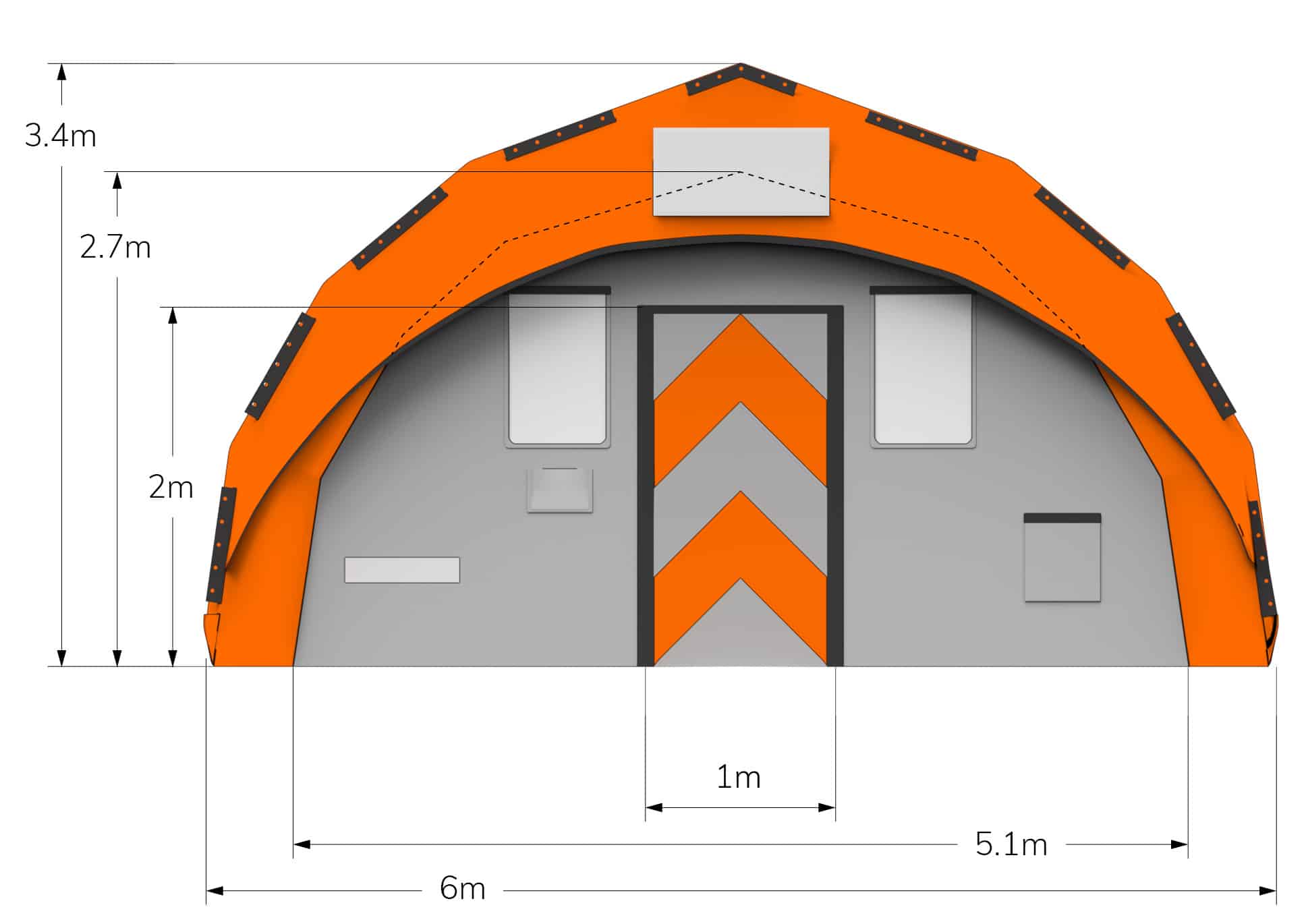 End view of orange CA-6 Fast Tent with dimensions in metres