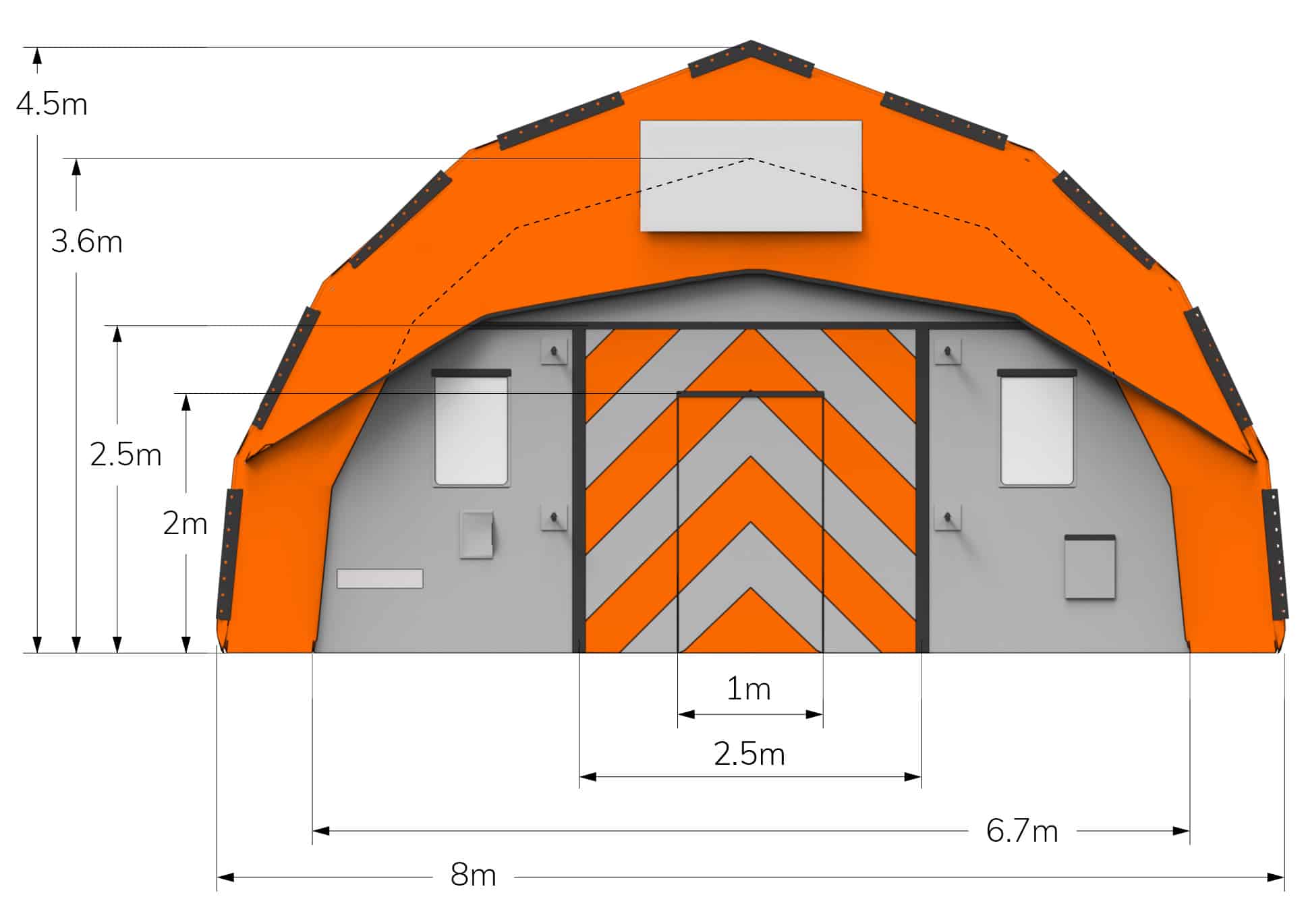 End view of orange CA-8 Fast Tent with dimensions in metres