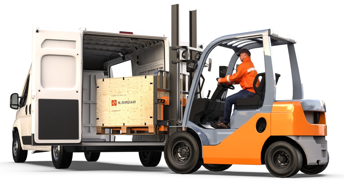 Fork lift loading a Fast Tent crate into the back of a van
