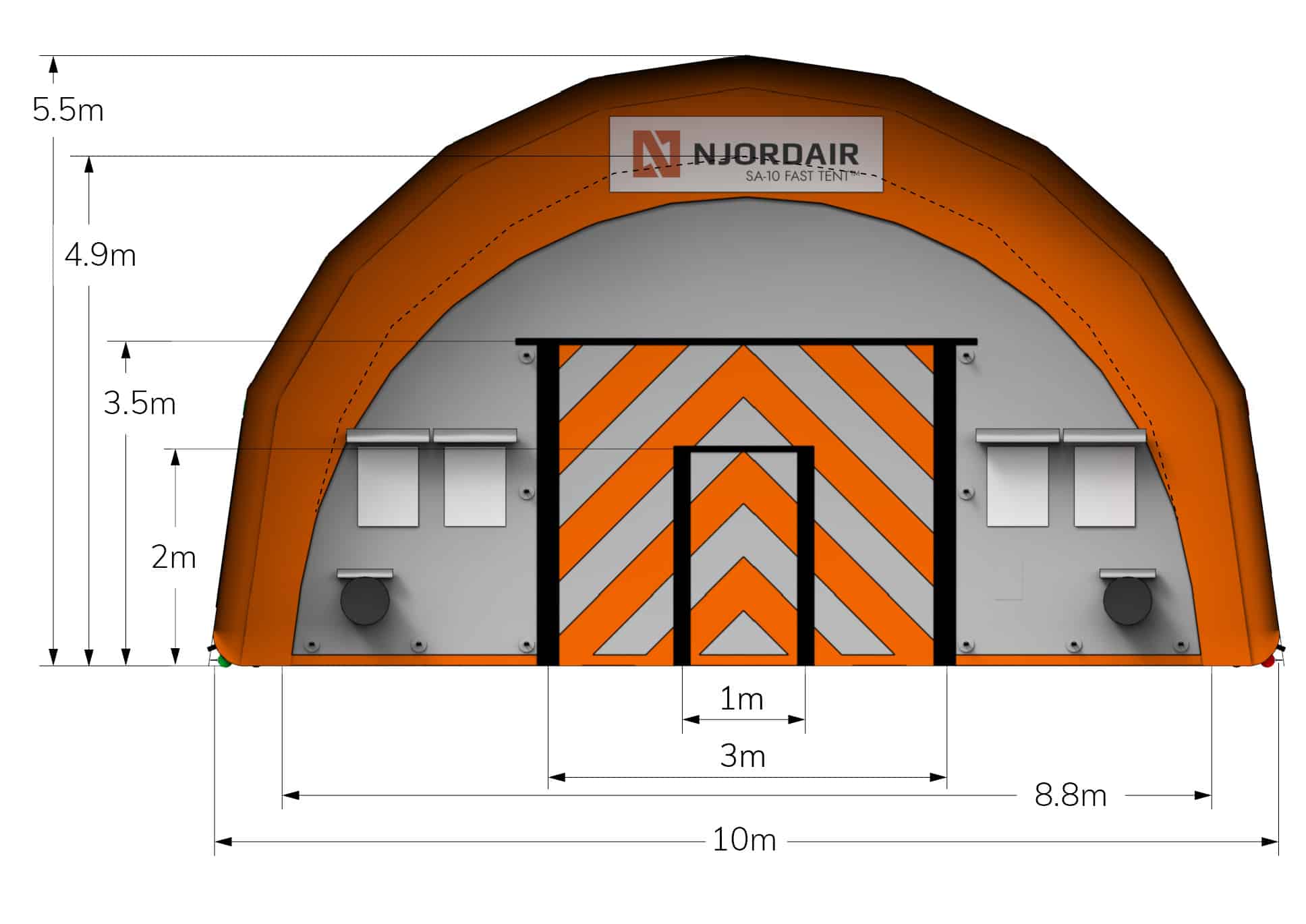 Front view of SA-10 Fast Tent with dimensions in metres