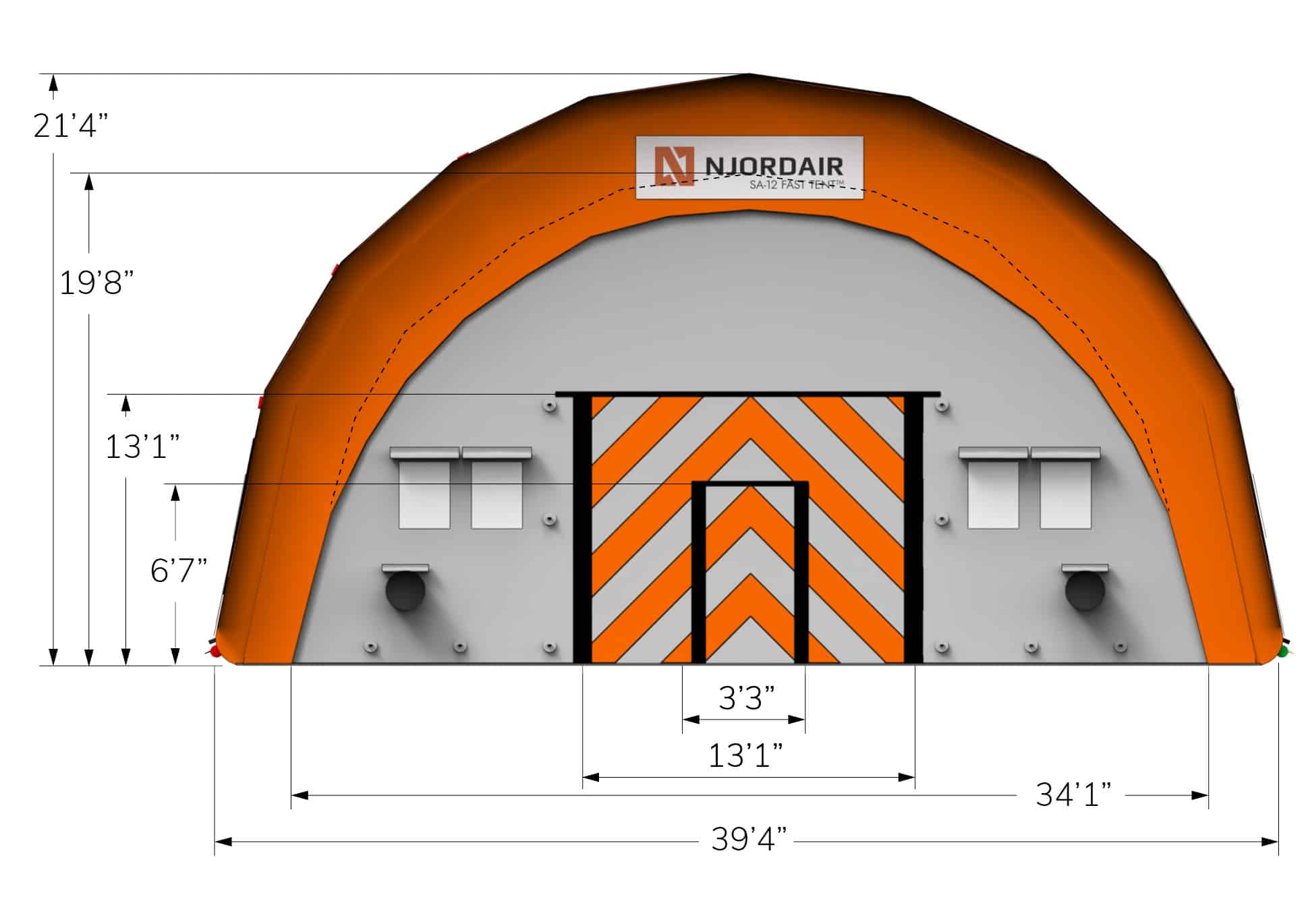Front view of SA-12 Fast Tent with dimensions in feet