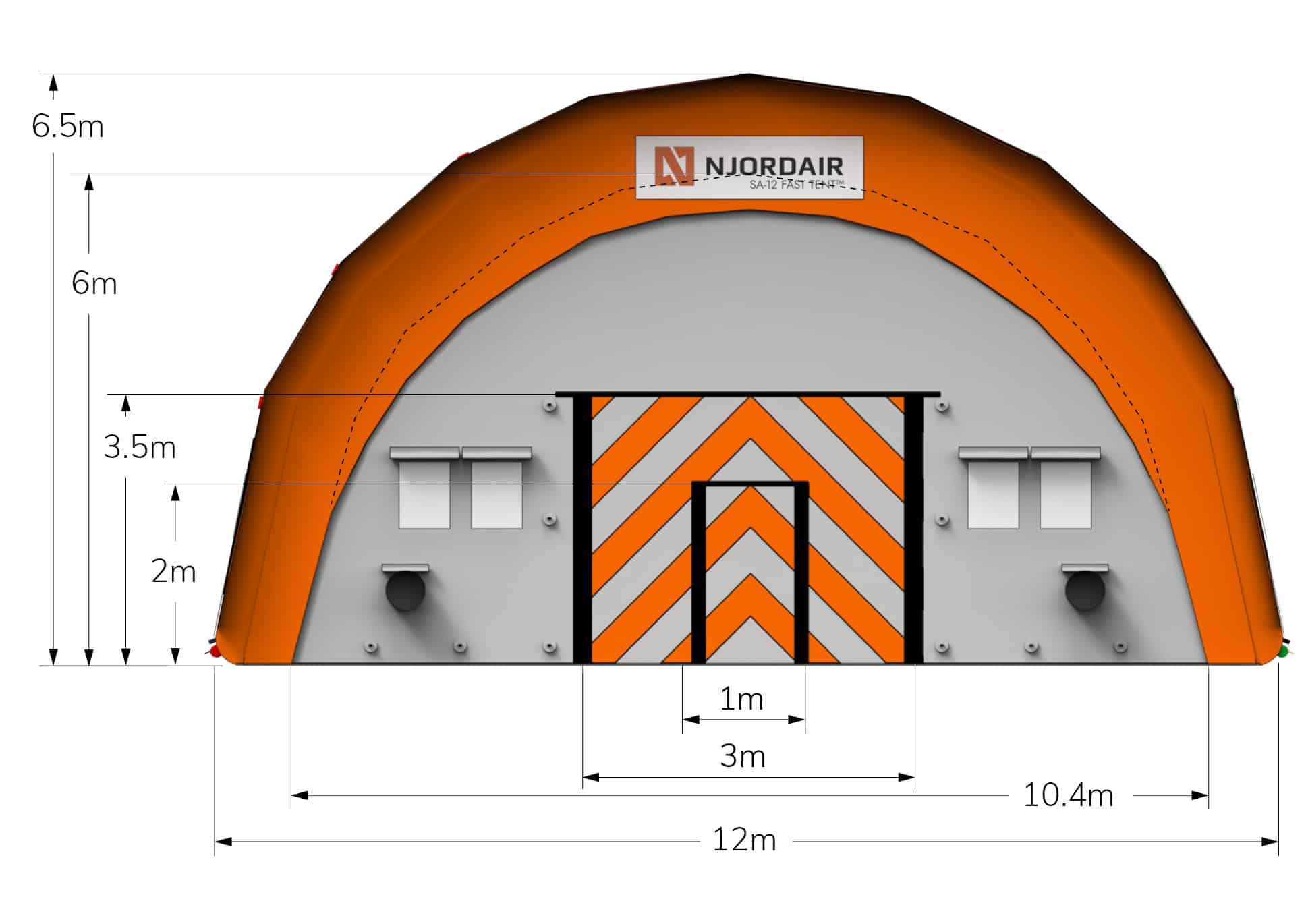 Front view of SA-12 Fast Tent with dimensions in metres