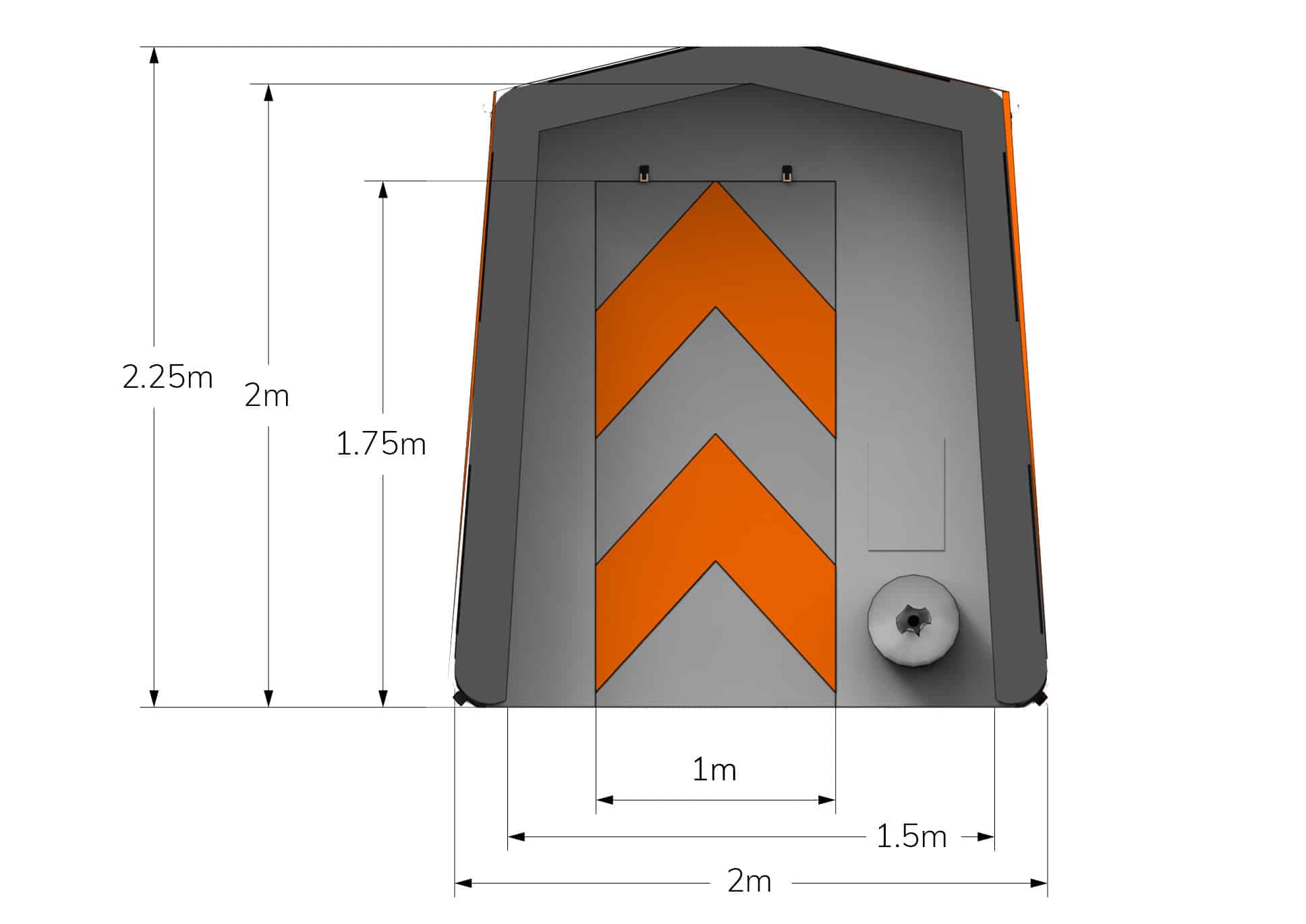 End view of orange SA-2 Fast Tent with dimensions in metres