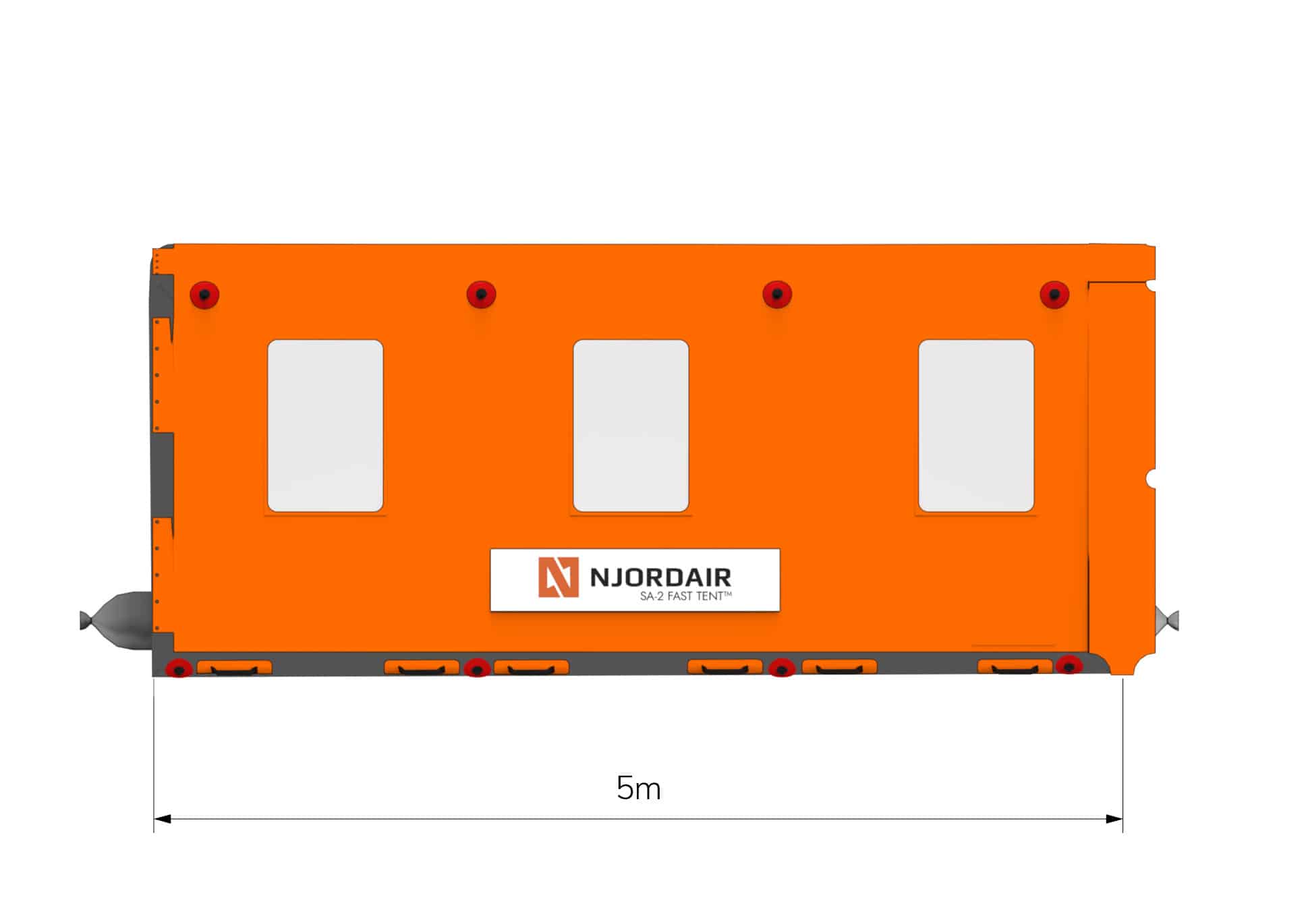 Side view of orange SA-2 Fast Tent with dimensions in metres