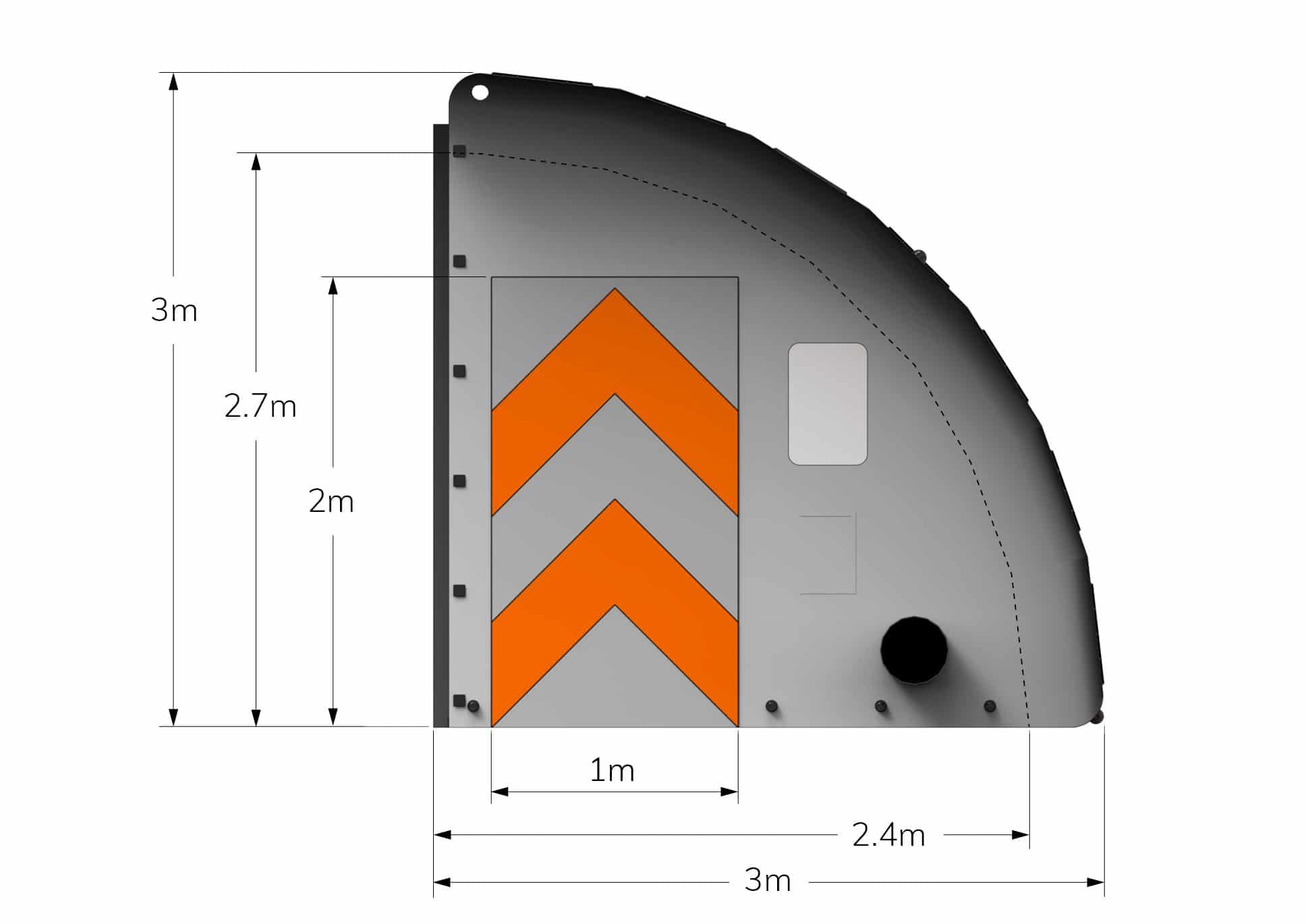 Front view of SA-3 Fast Tent with dimensions in metres