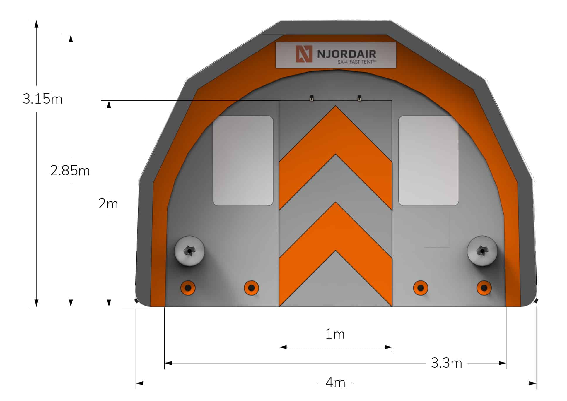 Front view of SA-4 Fast Tent with dimensions in metres