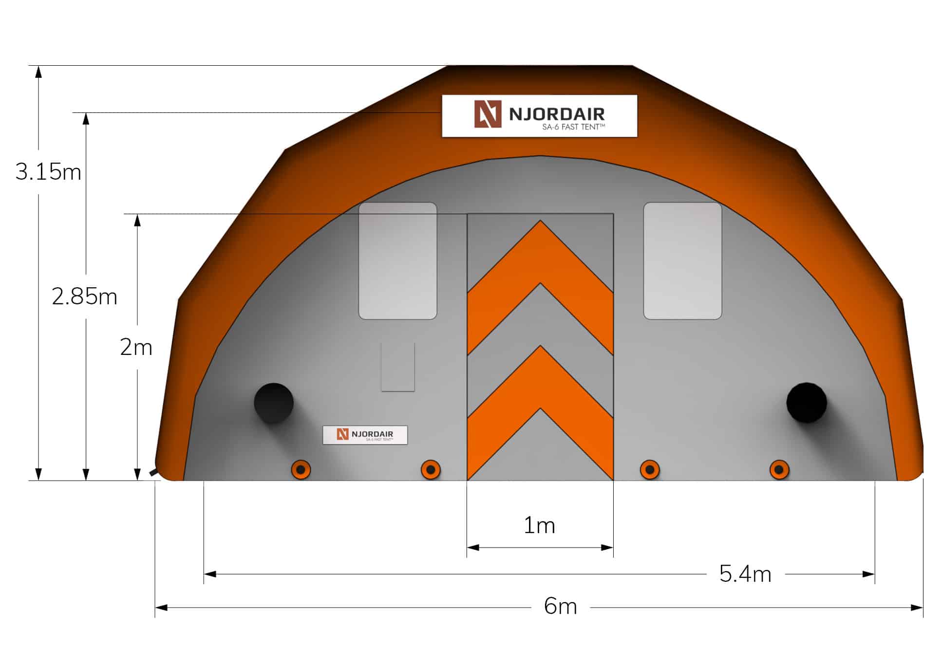 Front view of SA-6 Fast Tent with dimensions in metres