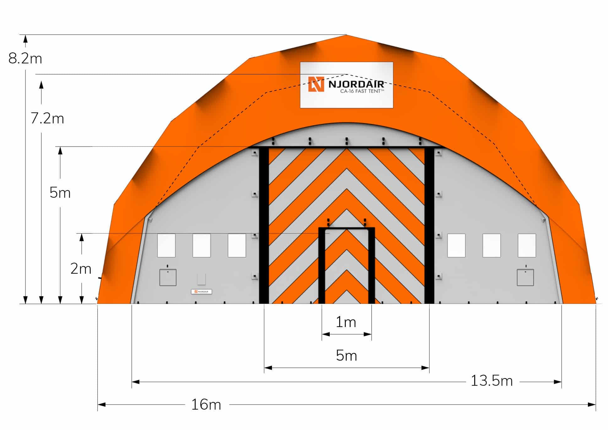 Front view of CA-16 Fast Tent with dimensions in metres