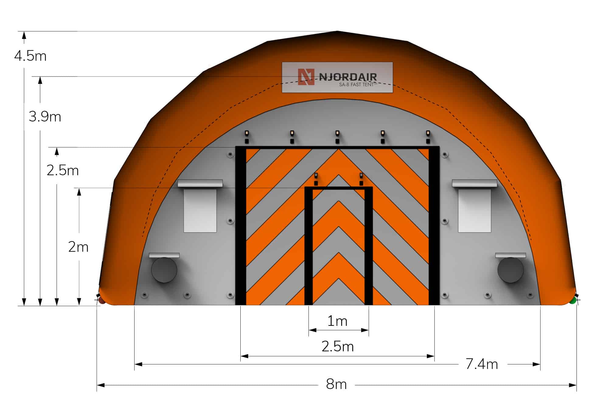 Front view of SA-8 Fast Tent with dimensions in metres